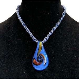 Art Glass Blue Hand Blown Glass Pendant With Seed Bead Multi-Strand Necklace